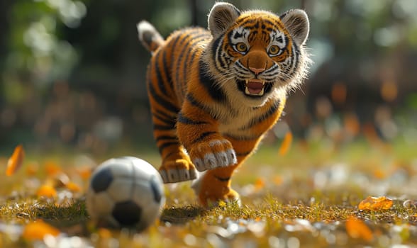 3D illustration of a tiger playing football. Selective soft focus.