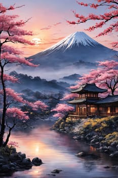 Serene landscape with mountain, pagoda in background. Sky is filled with beautiful pink hue, and moon is shining brightly. Concept of peace, tranquility. For art, creative projects, fashion, magazines