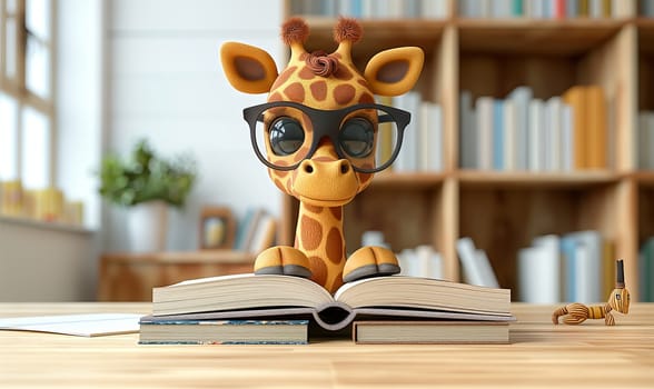 3D illustration of a giraffe with books. Selective soft focus.
