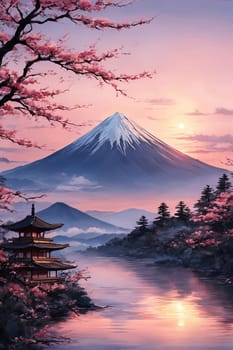 Serene landscape with mountain, pagoda in background. Sky is filled with beautiful pink hue, and moon is shining brightly. Concept of peace, tranquility. For art, creative projects, fashion, magazines