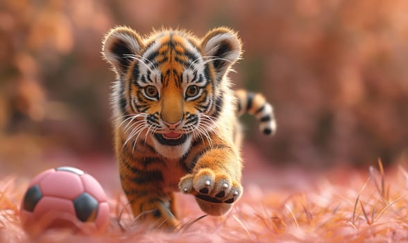 3D illustration of a tiger playing football. Selective soft focus.