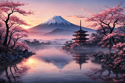 Serene landscape with mountain, pagoda in background. Sky is filled with beautiful pink hue, and moon is shining brightly. Concept of peace, tranquility. For art, creative projects, fashion, magazines