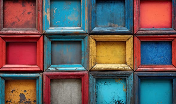 Old colored wooden frames as a background. Selective soft focus.