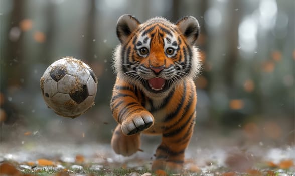 3D illustration of a tiger playing football. Selective soft focus.