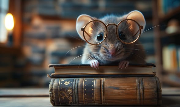 3D illustration of a mouse with books. Selective soft focus.