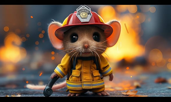 Illustration, mouse fireman on a blurred background. Selective soft focus.