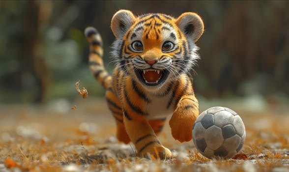 3D illustration of a tiger playing football. Selective soft focus.
