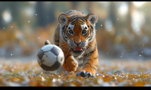 3D illustration of a tiger playing football. Selective soft focus.
