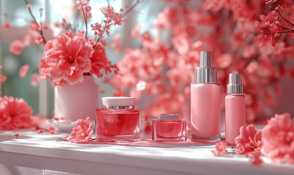 Cosmetic products on a background in color. Selective soft focus.