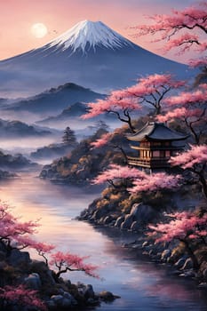 Traditional Japanese pagoda surrounded by blooming cherry trees in full pink blossom, embodying beauty of springtime scene in Japan. For interior, commercial spaces to create stylish atmosphere