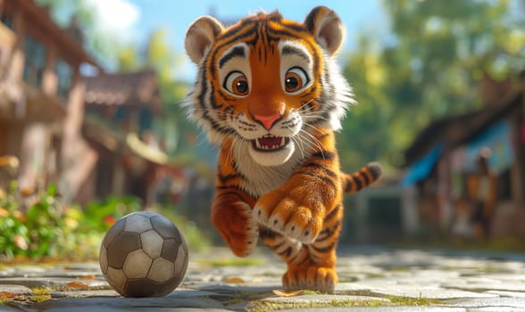 3D illustration of a tiger playing football. Selective soft focus.