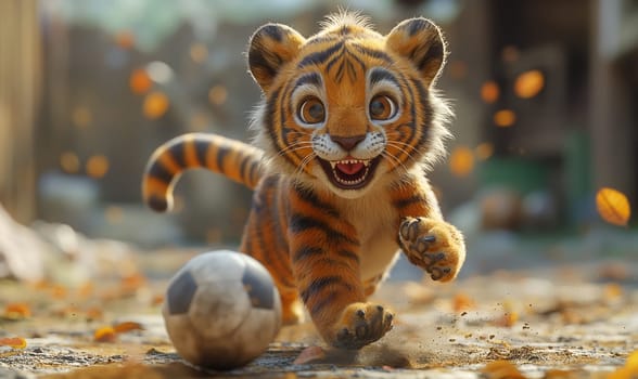 3D illustration of a tiger playing football. Selective soft focus.