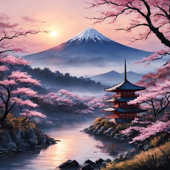 Japanese sunset over tranquil landscape, featuring traditional pagoda silhouetted against radiant sky. Blend of vibrant colors captures essence of peace. For art, creative projects, fashion, magazines