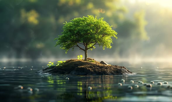 Lonely tree on an island in the lake. Selective soft focus.
