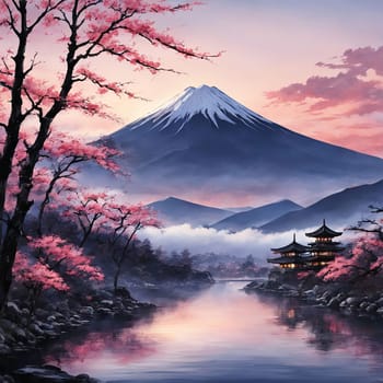 Japanese sunset over tranquil landscape, featuring traditional pagoda silhouetted against radiant sky. Blend of vibrant colors captures essence of peace. For art, creative projects, fashion, magazines