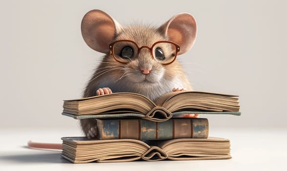 3D illustration of a mouse with books. Selective soft focus.