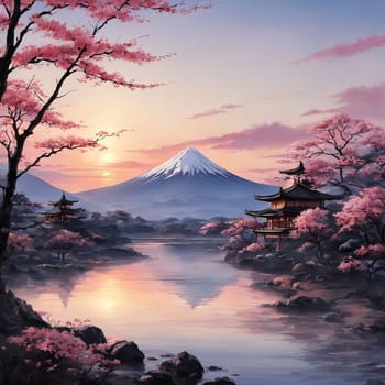 Japanese sunset over tranquil landscape, featuring traditional pagoda silhouetted against radiant sky. Blend of vibrant colors captures essence of peace. For art, creative projects, fashion, magazines