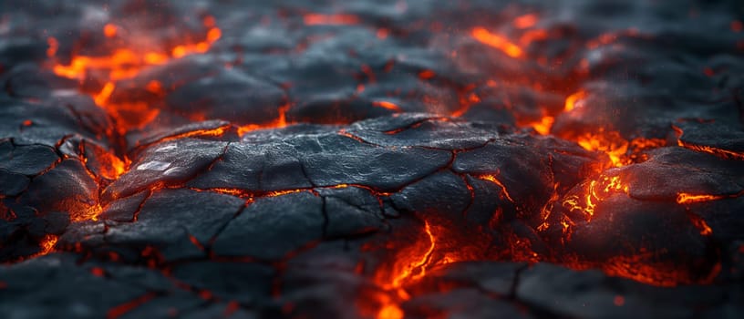 Abstract background of extinct lava with red gaps. Selective soft focus.