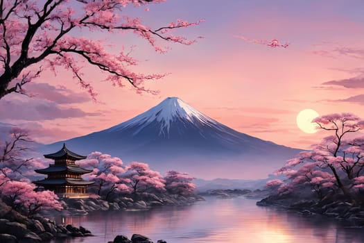 Japanese sunset over tranquil landscape, featuring traditional pagoda silhouetted against radiant sky. Blend of vibrant colors captures essence of peace. For art, creative projects, fashion, magazines