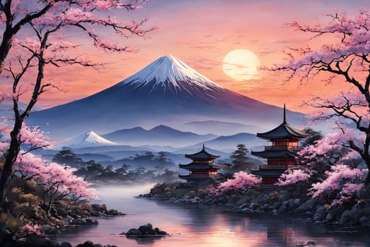 Japanese sunset over tranquil landscape, featuring traditional pagoda silhouetted against radiant sky. Blend of vibrant colors captures essence of peace. For art, creative projects, fashion, magazines