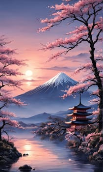 Japanese sunset over tranquil landscape, featuring traditional pagoda silhouetted against radiant sky. Blend of vibrant colors captures essence of peace. For art, creative projects, fashion, magazines