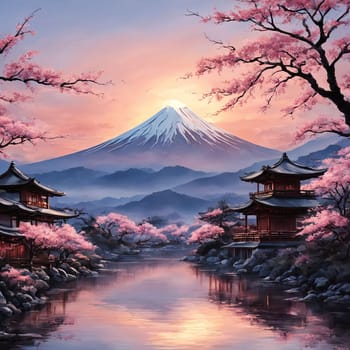 Japanese pagoda set against iconic Mount Fuji, capturing essence of traditional Japanese landscape, architecture. For art, creative projects, fashion, style, advertising campaigns, web design, print