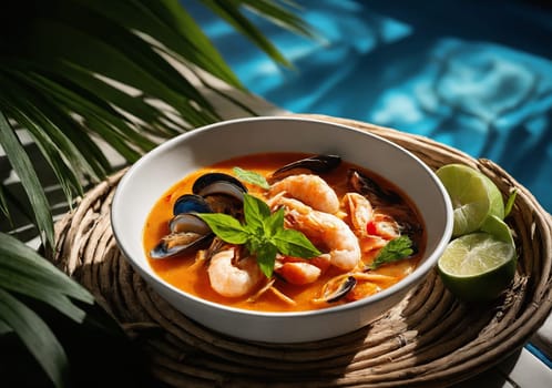 Bowl of tom yam soup with mussels, prawns and fish. Delicious fresh tom yam soup outdoors in hot summer. Asian and seafood background