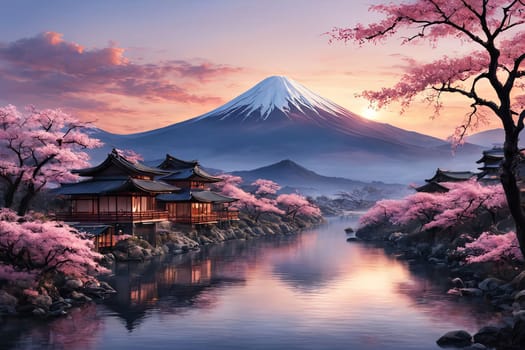 Japanese pagoda set against iconic Mount Fuji, capturing essence of traditional Japanese landscape, architecture. For art, creative projects, fashion, style, advertising campaigns, web design, print