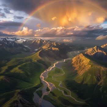 Rainbow over a green mountain range. High quality