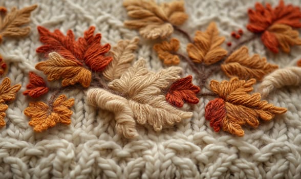 Abstract knitted background, autumn knitted leaves close-up. Selective soft focus.