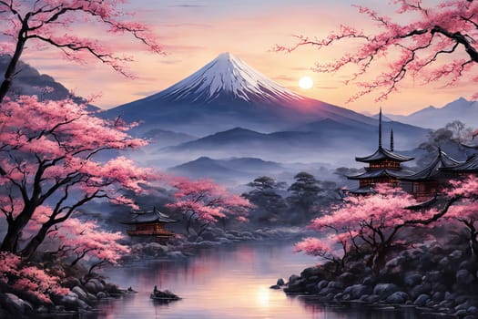 Japanese pagoda set against iconic Mount Fuji, capturing essence of traditional Japanese landscape, architecture. For art, creative projects, fashion, style, advertising campaigns, web design, print