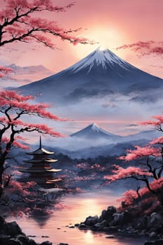 Japanese pagoda set against iconic Mount Fuji, capturing essence of traditional Japanese landscape, architecture. For art, creative projects, fashion, style, advertising campaigns, web design, print