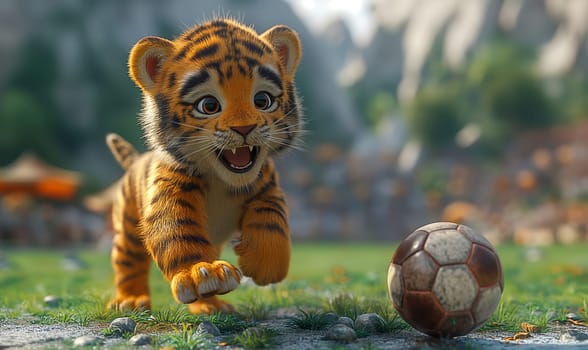 3D illustration of a tiger playing football. Selective soft focus.