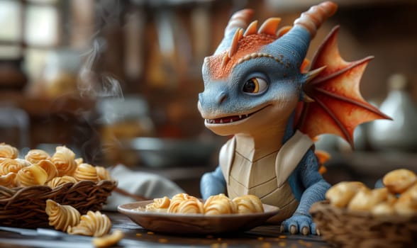 Illustration of a baby dragon preparing food. Selective soft focus.