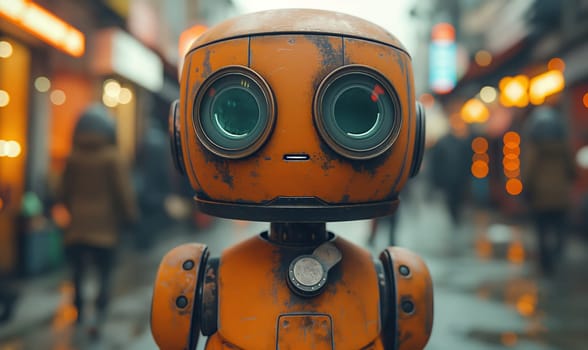 Robots on the street among people. Selective soft focus.
