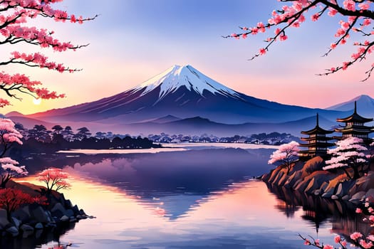 Japanese pagoda set against iconic Mount Fuji, capturing essence of traditional Japanese landscape, architecture. For art, creative projects, fashion, style, advertising campaigns, web design, print