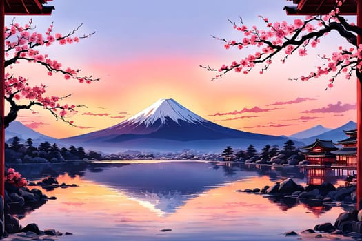 Japanese pagoda set against iconic Mount Fuji, capturing essence of traditional Japanese landscape, architecture. For art, creative projects, fashion, style, advertising campaigns, web design, print