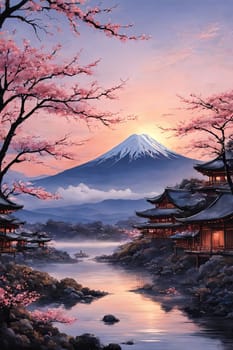 Traditional Japanese pagoda with iconic Mount Fuji in background, capturing essence of Japans natural beauty, cultural heritage. For interior, commercial spaces to create stylish atmosphere, print