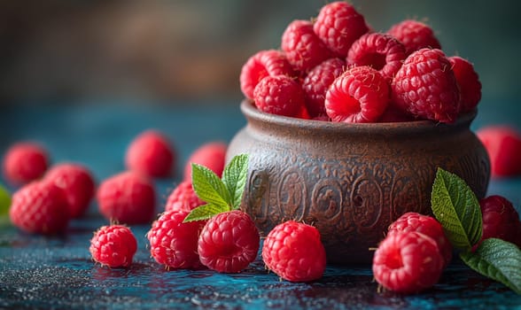Ripe raspberries on the table and in a ceramic bowl. Selective soft focus.