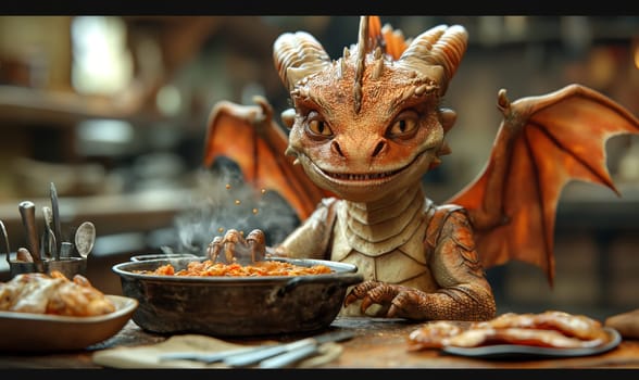 Illustration of a baby dragon preparing food. Selective soft focus.