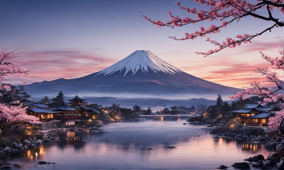 Traditional Japanese pagoda with iconic Mount Fuji in background, capturing essence of Japans natural beauty, cultural heritage. For interior, commercial spaces to create stylish atmosphere, print