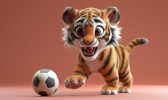 3D illustration of a tiger playing football. Selective soft focus.