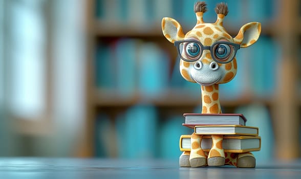 3D illustration of a giraffe with books. Selective soft focus.