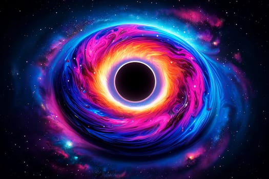 colorful depiction of a black hole with swirling accretion disk in space.
