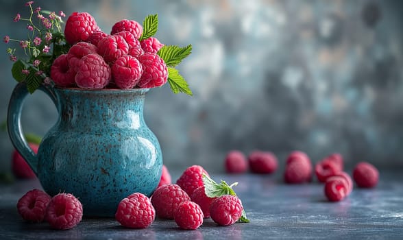 Ripe raspberries on the table and in a ceramic bowl. Selective soft focus.