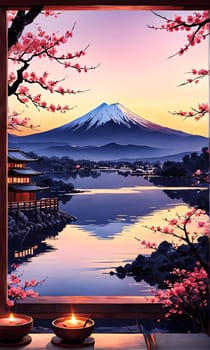 Traditional Japanese pagoda with iconic Mount Fuji in background, capturing essence of Japans natural beauty, cultural heritage. For interior, commercial spaces to create stylish atmosphere, print