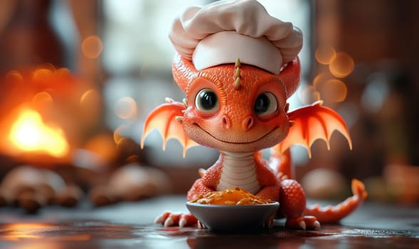 Illustration of a baby dragon preparing food. Selective soft focus.