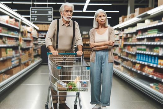 An elderly couple with a half-empty shopping cart between supermarket displays.