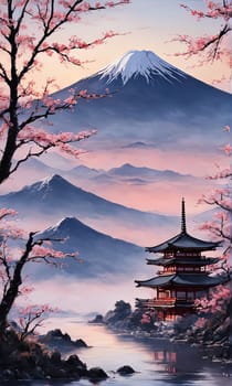 Traditional Japanese pagoda with iconic Mount Fuji in background, capturing essence of Japans natural beauty, cultural heritage. For interior, commercial spaces to create stylish atmosphere, print