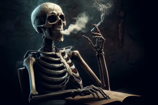 skeleton holding a cigarette while sitting and reading a book on a dark gloomy background, smoking harm concept